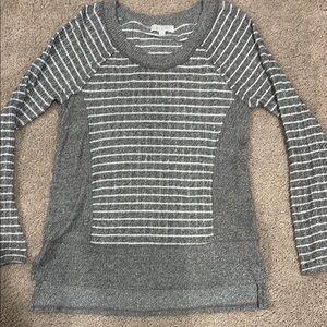 Anthropologie Gray and White Crew Neck Sweater with Stripes